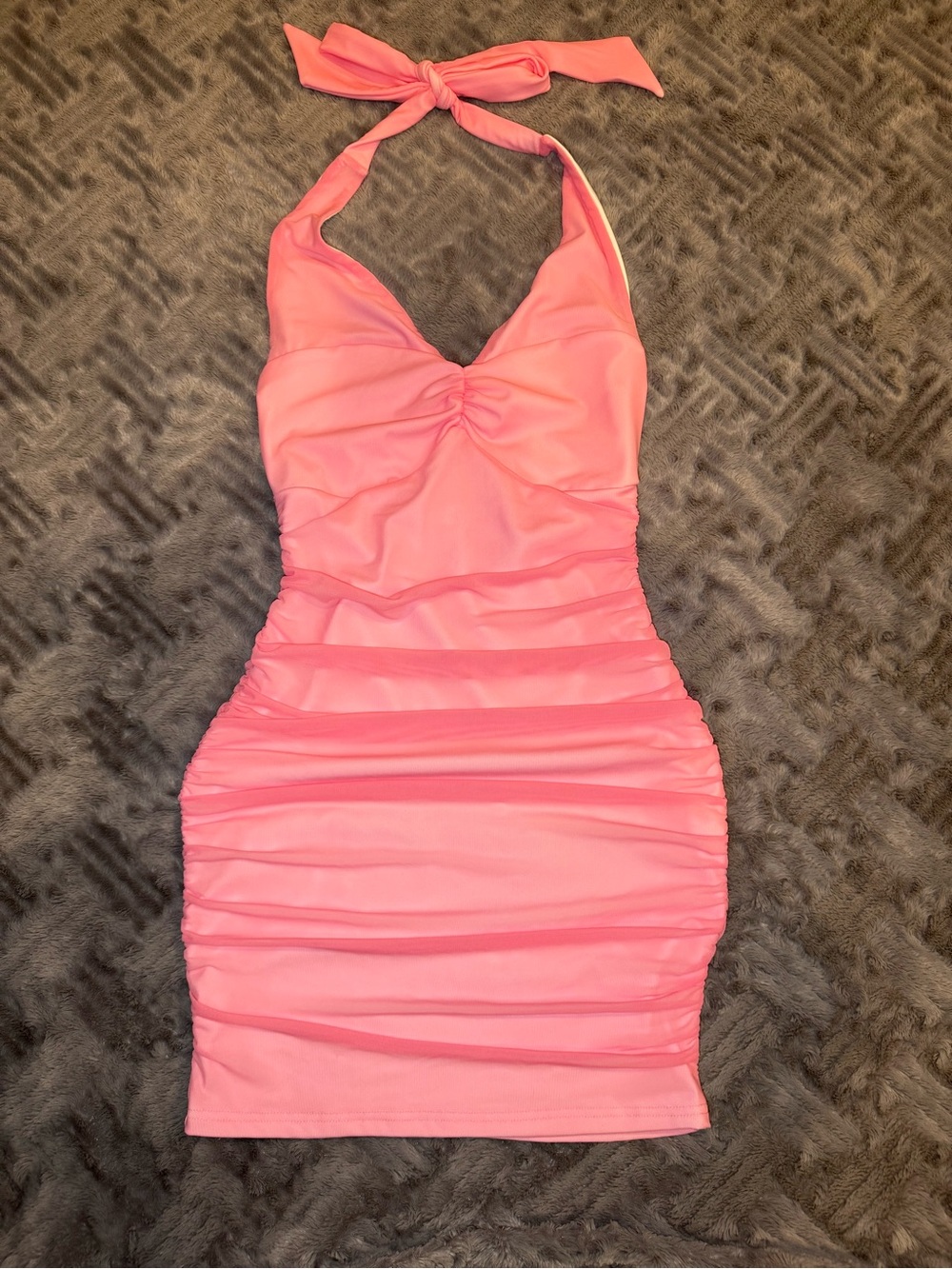 HYZ Halter Ruched Mesh Mini Dress in Pink